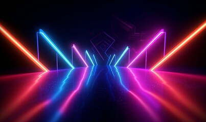 3d render, abstract panoramic red blue pink neon background with arrows showing right direction, glowing in the dark, Generative AI