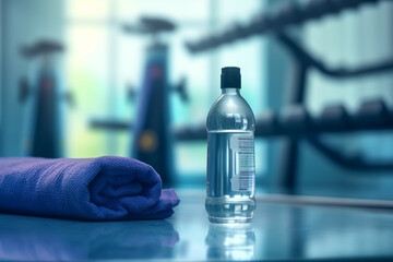 bottle of water and towel on the gym floor - 643952465