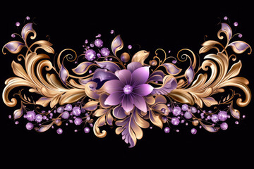 A purple and gold border with purple flowers, Generative AI