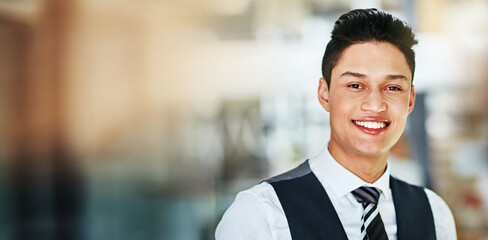 Face, lawyer and business man in office, company or corporate workplace mockup space. Portrait,...