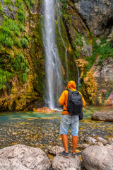 Obraz premium Finished trekking at Grunas waterfall in Theth national park, Albania. Albanian alps