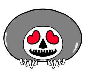 Halloween cartoon skull with heart shaped eyes popping out of the hole