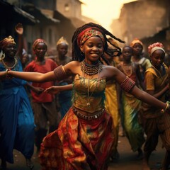 Fototapeta na wymiar African girl dancing national dance in African clothes