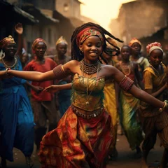 Gardinen African girl dancing national dance in African clothes © cherezoff