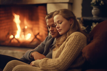 Fototapeta premium young couple relaxing by the fireplace at evening