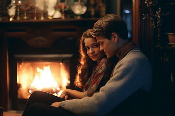 young couple relaxing by the fireplace at evening