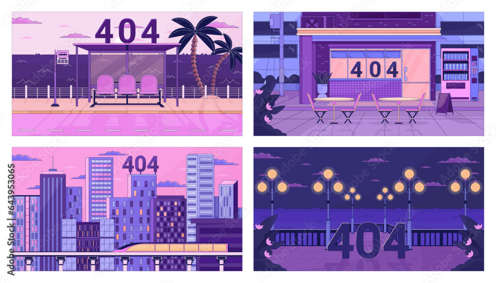 Poster dusk city error 404 flash message set. storefront, bus stop, waterfront. web landing pages ui design