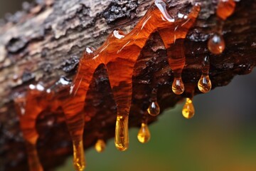 macro shot of resin dripping from a split in tree bark
