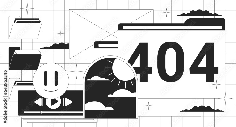 Aufkleber y2k computer interface black white error 404 flash message. 1990s folders, emoji. monochrome landing