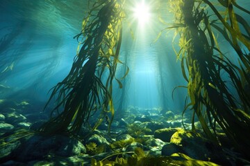 sunlit kelp forest with clear blue background - obrazy, fototapety, plakaty