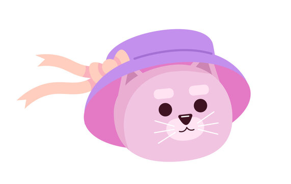Cute kitten wearing girlish ribbon hat semi flat vector character head. Kawaii cat in childlike bucket hat. Editable cartoon avatar icon. Colorful spot illustration for web graphic design, animation