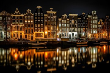 Fototapeta na wymiar Night view of illuminated buildings and canals in Amsterdam city, Netherlands. Generative AI