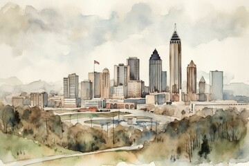 Watercolor art print featuring the Atlanta skyline. Generative AI - obrazy, fototapety, plakaty