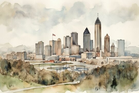 Watercolor art print featuring the Atlanta skyline. Generative AI