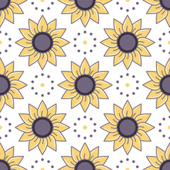 Modern simple geometric vector seamless pattern with yellow sunflowers, voilet circles on white background. Abstract floral wallpaper, bright tile ornament.
