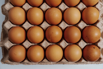 Farm fresh chicken eggs on paper egg box from organic farm., no people, nobody.