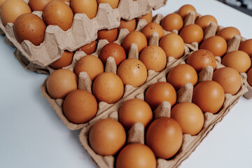 Farm fresh chicken eggs on paper egg box from organic farm., no people, nobody.