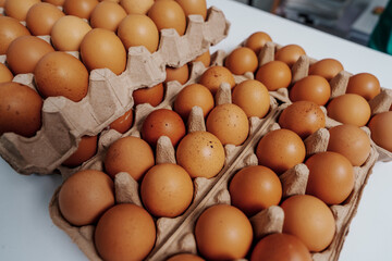 Farm fresh chicken eggs on paper egg box from organic farm., no people, nobody.