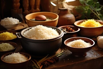 various types of rice in bowls near cooker