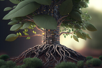 technology tree is made of chips and wires. Concept of innovation, biotechnology, symbol of growth and new technologies