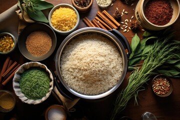 Fototapeta na wymiar overhead shot of various rice types near cooker
