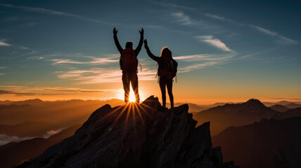 Two tourists with arms up on the top of the mountain - Hikers on the cliff raising hands to the sky.