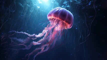 Luminous jellyfish in a dark, underwater abyss
