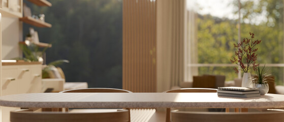 Empty space on a beautiful dining table in a cozy Scandinavian dining room or kitchen.