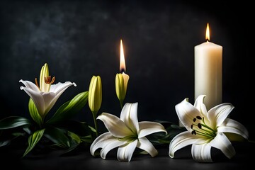 Beautiful lily and a burning candle with room for text on a dark backdrop. white flowers for funerals 