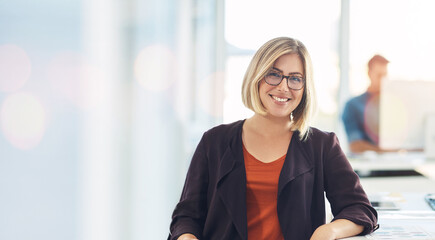 Portrait, business woman and happy in office on bokeh, startup company or workplace. Face smile,...