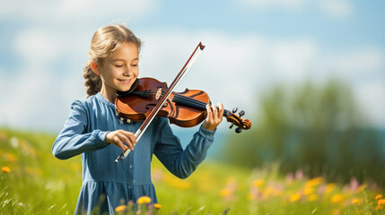 Little girl playing violin on nature background