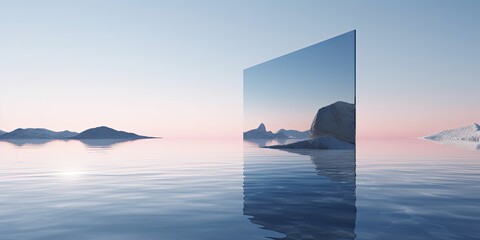 3d rendering, abstract minimalist background, futuristic zen scenery, panoramic seascape wallpaper. Calm water, black rocks seashore, rectangular mirror and pastel blue gradient, Generative AI