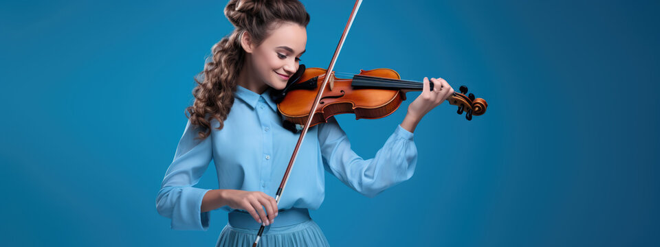 Little girl playing violin on blue background