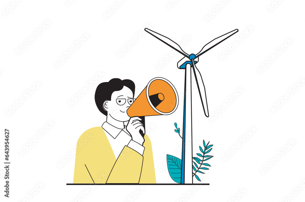Aufkleber green energy concept with people scene in flat web design. man with megaphone makes announcement abo