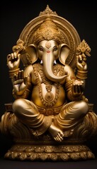 Gold Ganesha in Sitting Pose on Black Background. Generative ai