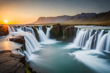 sunset view of waterfall in the mountains ai generated