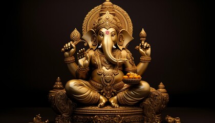 Gold Ganesha in Sitting Pose on Black Background. Generative ai