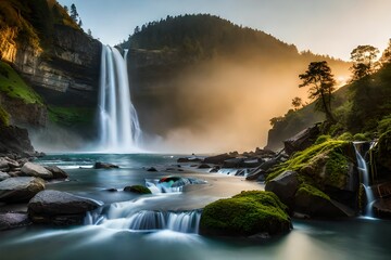 morning waterfall in the mountains ai generated