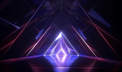 3d render, abstract geometric neon background with glowing triangular frame. Laser linear shape at the end of dark tunnel, Generative AI