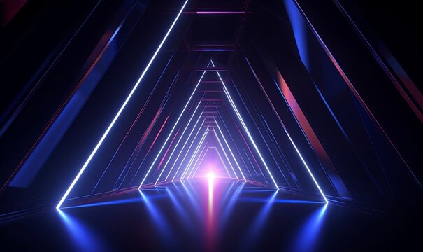 3d render, abstract geometric neon background with glowing triangular frame. Laser linear shape at the end of dark tunnel, Generative AI © Media Masterpieces