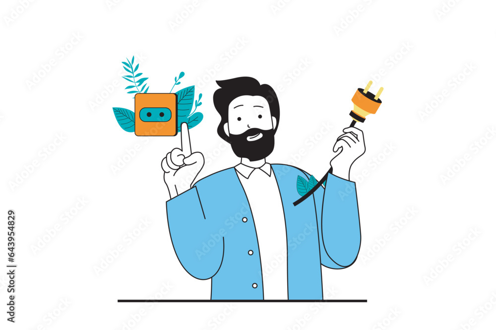 Aufkleber green energy concept with people scene in flat web design. man holding socket plug and using green c