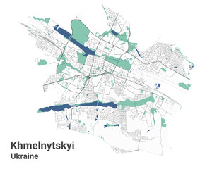 Khmelnytskyi map, Ukrainian city. Municipal administrative area map with rivers and roads, parks and railways.