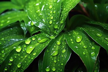 close-up of water droplets on vibrant green leaves
