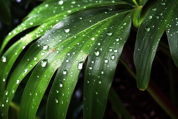 Obraz premium water droplets on the leaves of a tropical houseplant