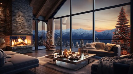 Interior of cozy living room in modern minimalist chalet with Christmas decor. Blazing fireplace, burning candles, elegant Christmas tree, comfortable cushioned furniture, panoramic windows.