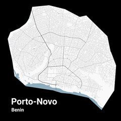 Porto-Novo map, capital city of Benin. Municipal administrative area map with rivers and roads, parks and railways.