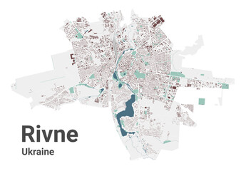 Rivne map, oblast center city in Ukraine. Municipal administrative area map with buildings, rivers and roads, parks and railways.