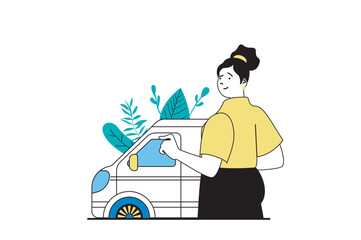 Green energy concept with people scene in flat web design. Woman using smart electric car with alternative energy charging technology. Vector illustration for social media banner, marketing material.