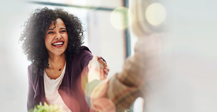 Business woman, handshake and thank you with happy deal and bokeh with communication. Office agreement and employee contract with professional discussion and worker with startup and mockup space - Powered by Adobe
