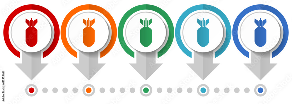 Aufkleber Bomb, war, military, weapon vector icon set, flat design infographic template, set pointer concept icons in 5 color options for webdesign and mobile applications